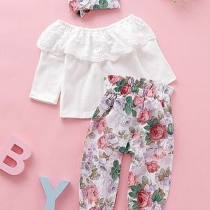 3 piece 3/4 sleeve top, flower cropped pants